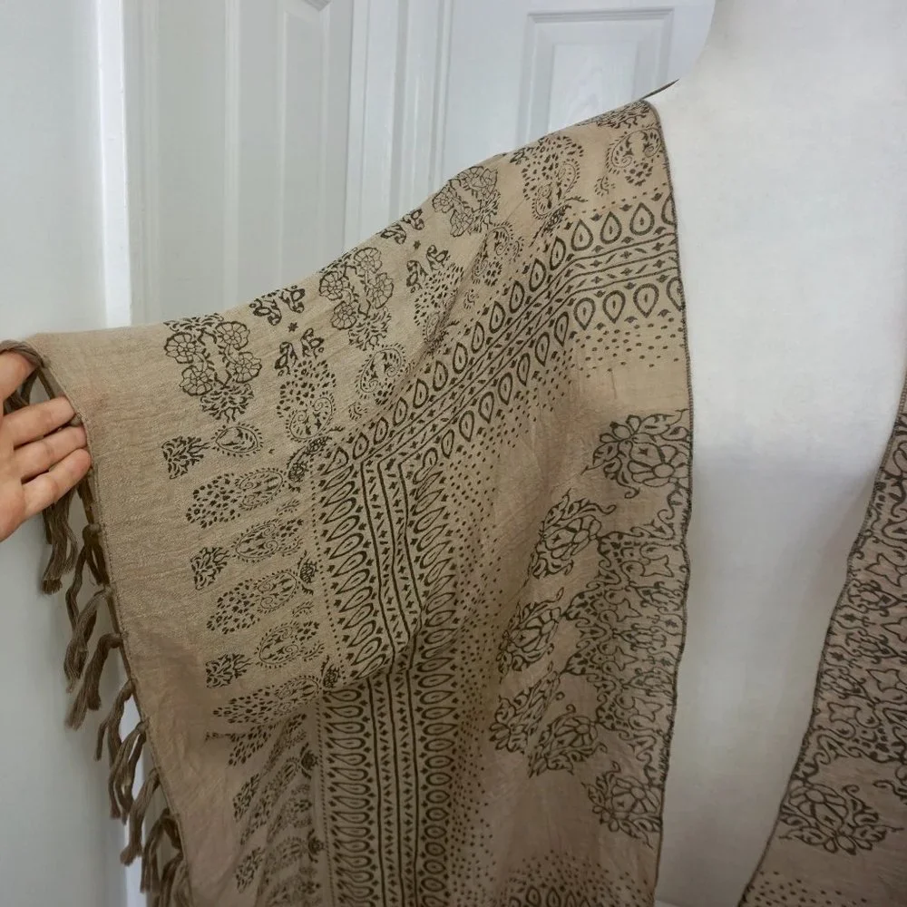 💜 JANICE Tan/Black Pattern Scarf Coat Poncho Kimono (OS)